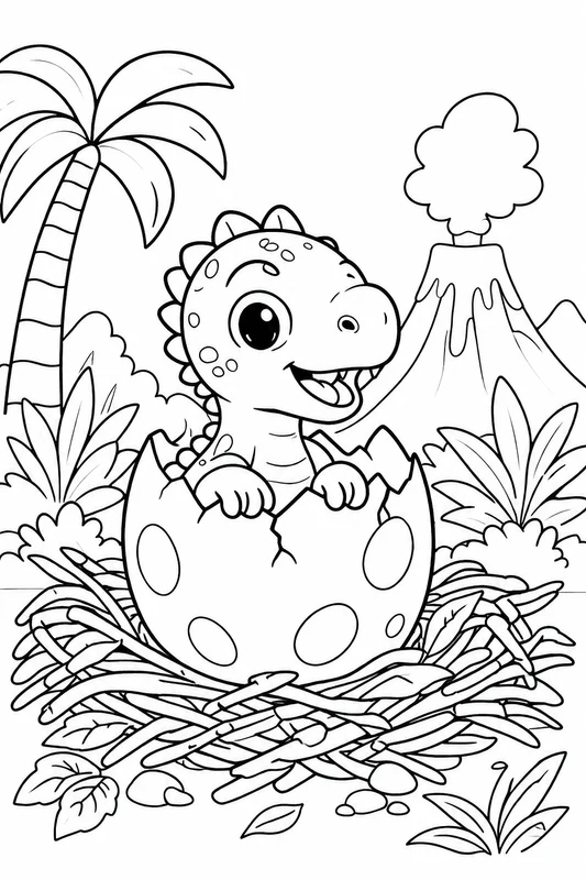 Baby dinosaur hatching from an egg in a prehistoric nest coloring page printable line art
