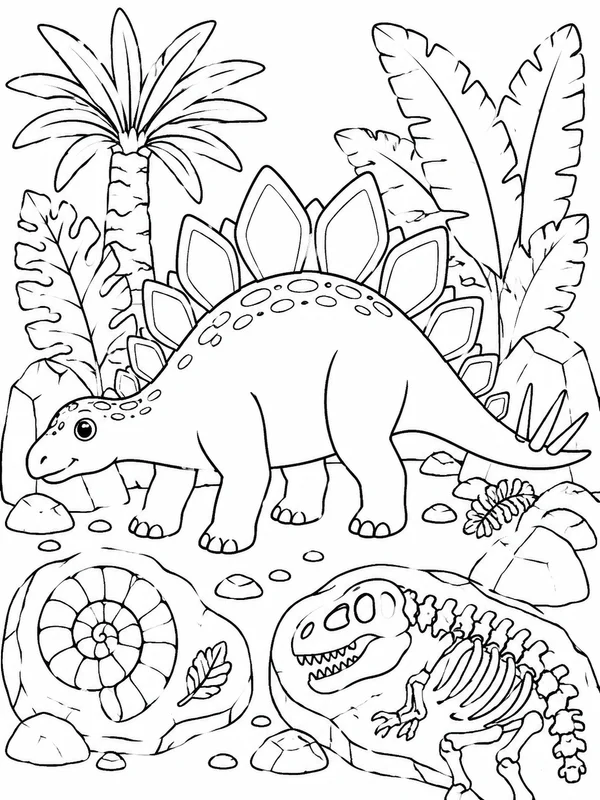 Stegosaurus near fossils, rocks, and large prehistoric leaves coloring page printable line art