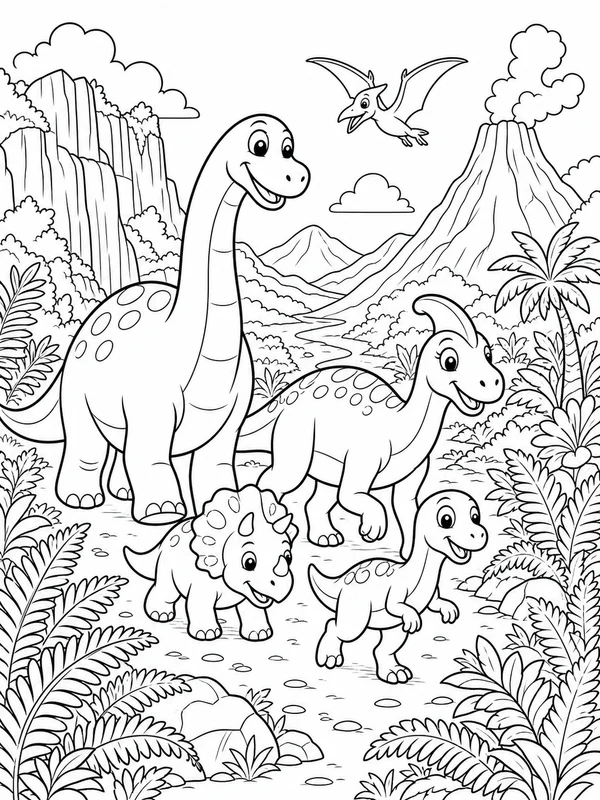 Friendly dinosaur family traveling through a wide fern valley coloring page printable line art