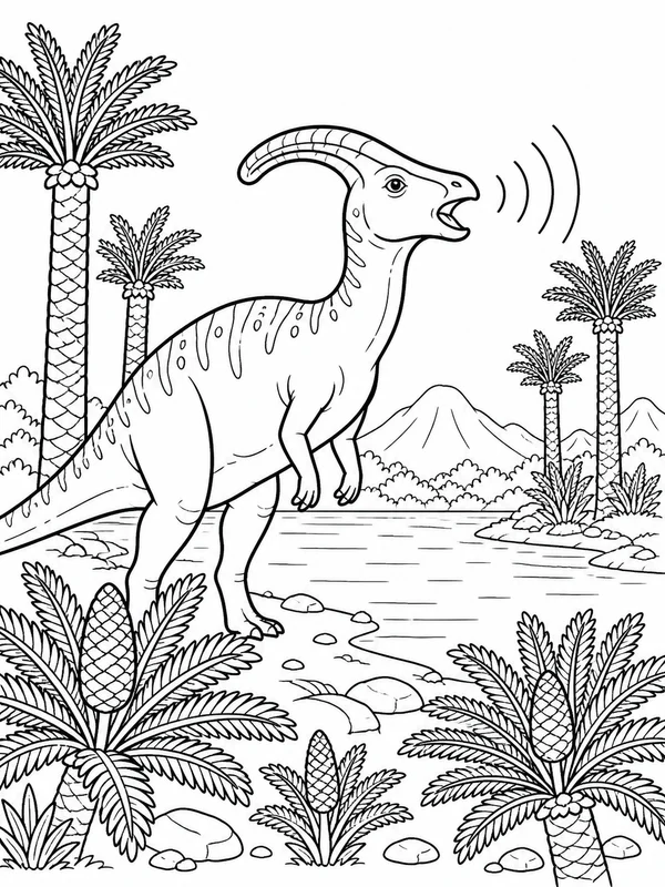 Parasaurolophus calling across a prehistoric lake surrounded coloring page printable line art