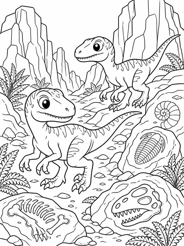 Two young velociraptors exploring a rocky canyon coloring page printable line art