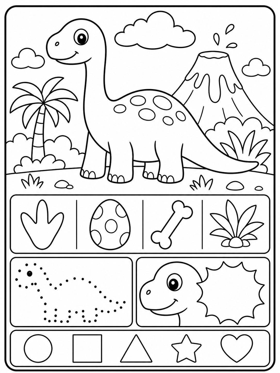 Página de dinosaurios para el aula para colorear en blanco y negro listo para imprimir