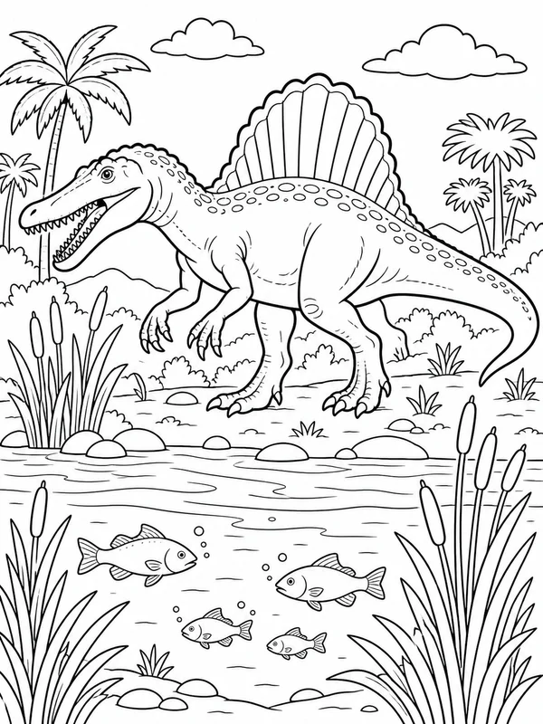 Spinosaurus walking beside a wide river filled coloring page printable line art