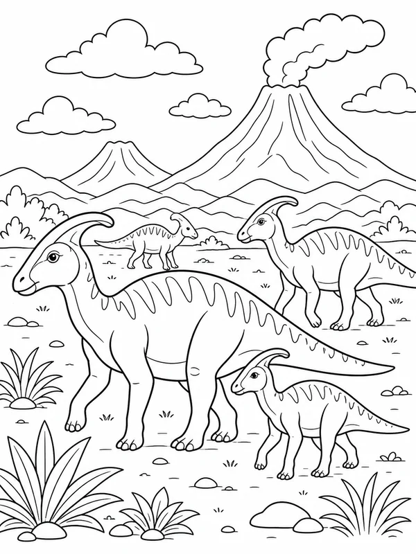 Group of gentle hadrosaurs crossing a plain beneath distant coloring page printable line art