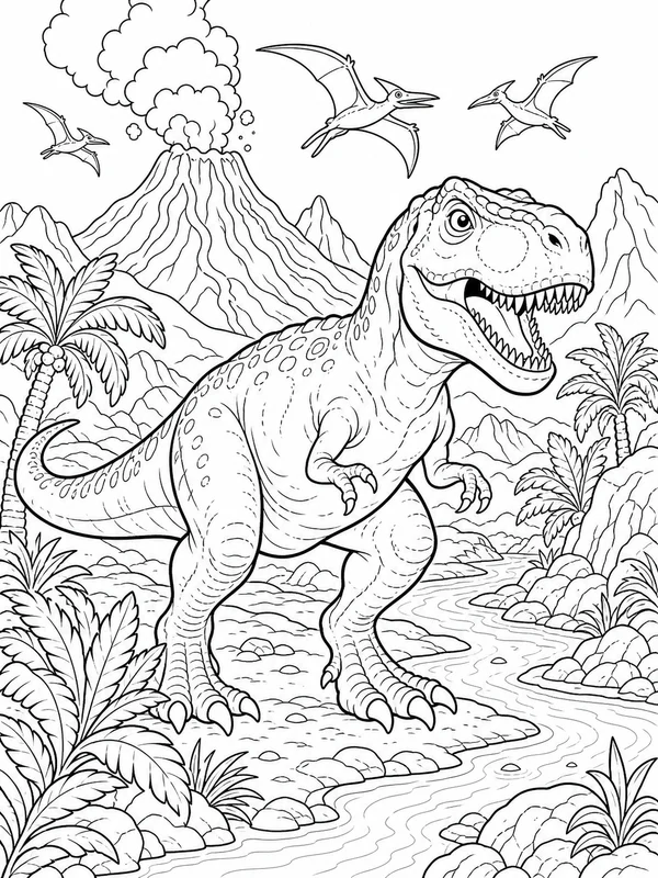 More detailed dinosaur scene coloring page printable line art