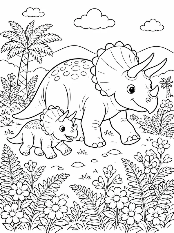 Baby triceratops following its parent through a flowering fern coloring page printable line art