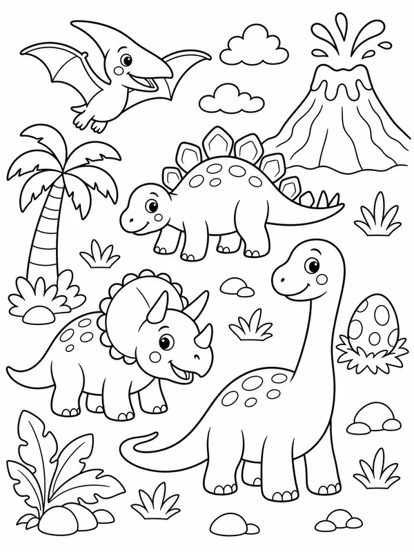 Cute dinosaur coloring page printable line art