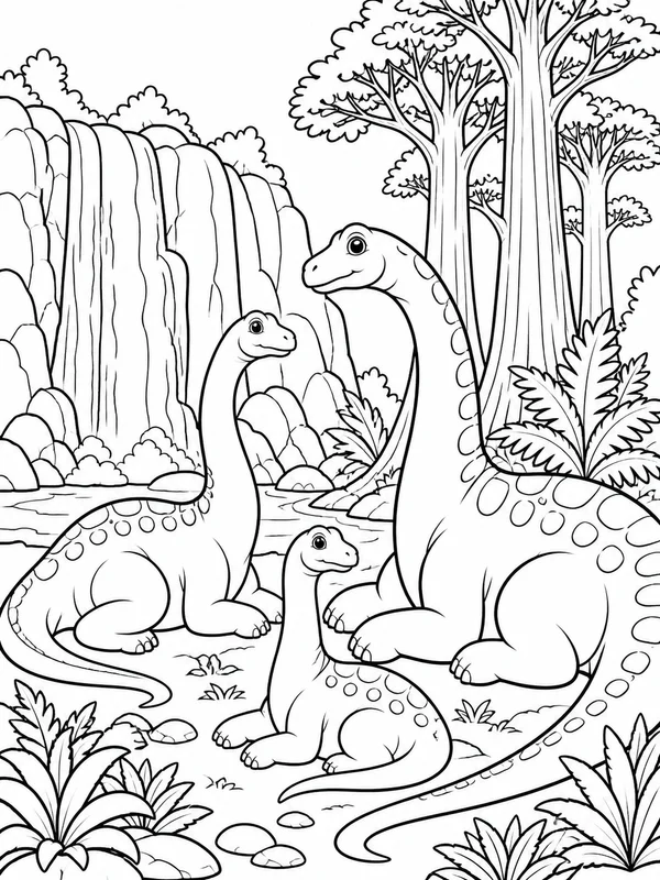 Diplodocus family resting near a waterfall and towering coloring page printable line art