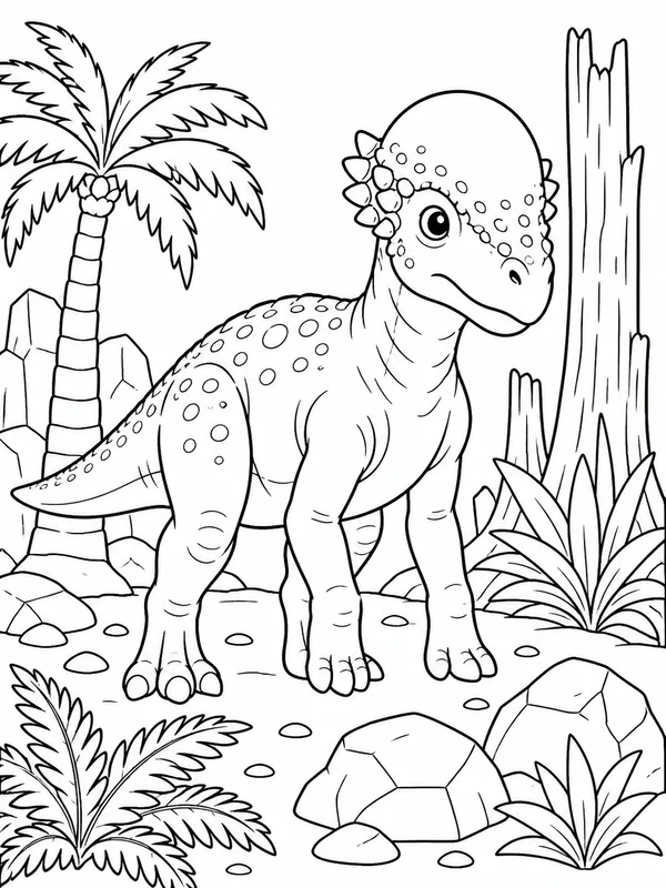 Pachycephalosaurus standing among rocks coloring page printable line art