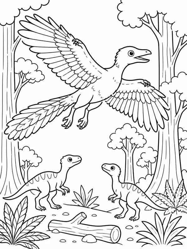 Archaeopteryx gliding between tall trees above small dinosaurs coloring page printable line art