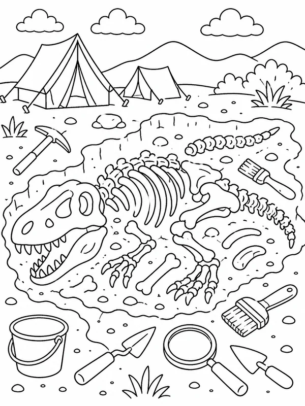 Dinosaur fossil dig coloring page printable line art