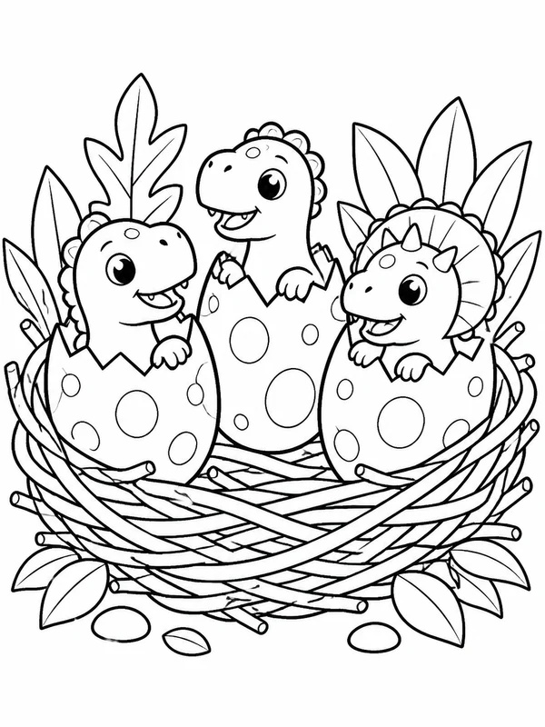 Three dinosaur eggs beginning to hatch inside a carefully coloring page printable line art
