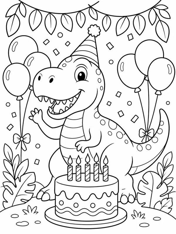 Friendly tyrannosaurus birthday scene coloring page printable line art