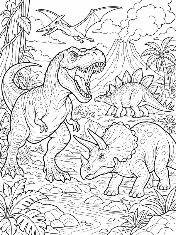 Older-kids dinosaur scene coloring page printable line art