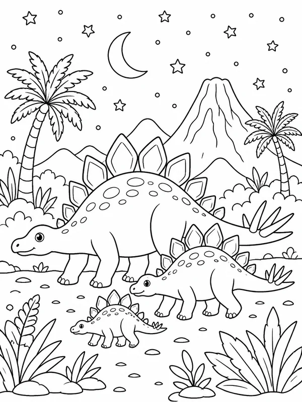 Stegosaurus family walking beneath a starry prehistoric coloring page printable line art