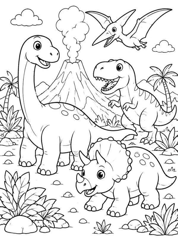 Storybook-style dinosaur scene coloring page printable line art
