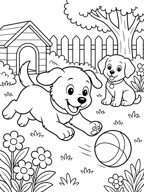 Playful puppy chasing a ball through a backyard with flowers coloring page printable line art