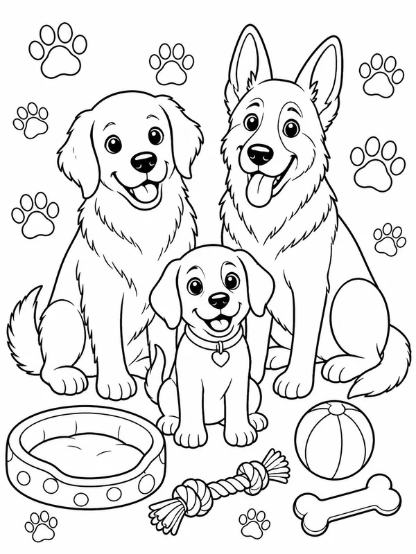 Three friendly dog breeds sitting together beside toys and paw coloring page printable line art