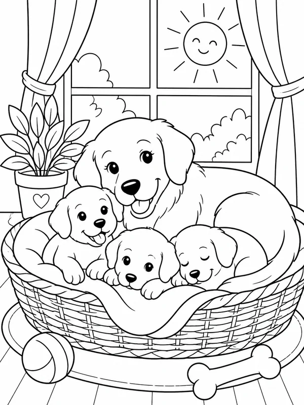 Cozy family dog resting in a basket near a sunny window coloring page printable line art