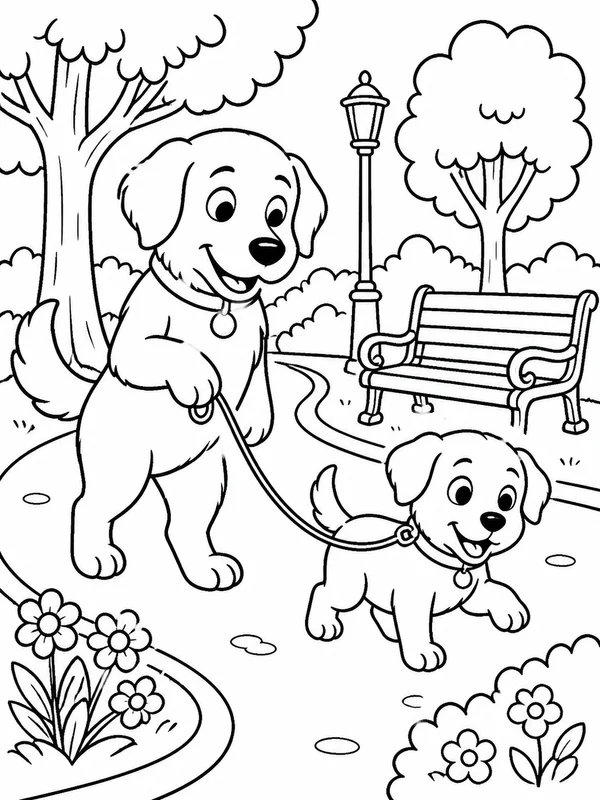 Puppy learning to walk on a leash beside trees and park coloring page printable line art