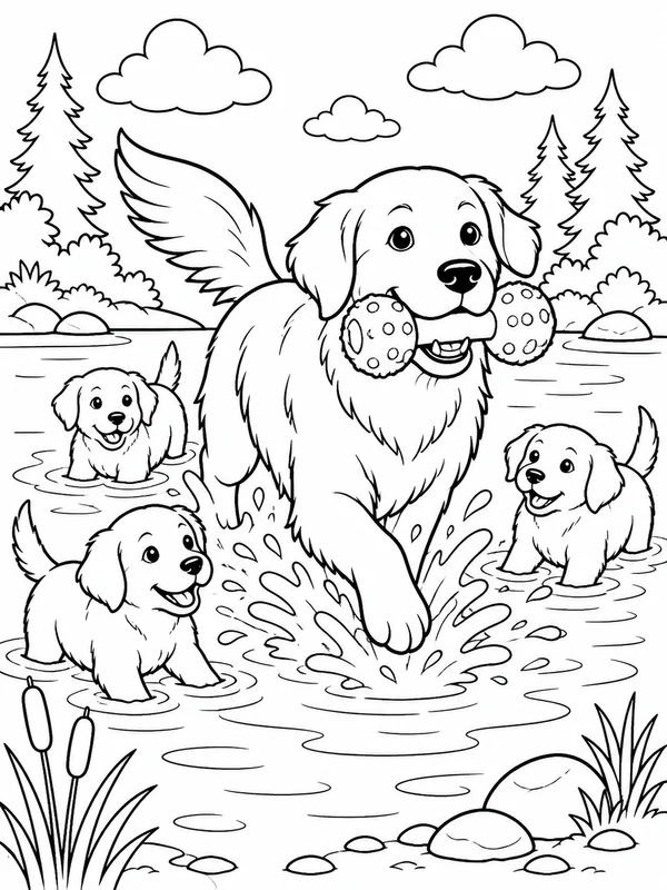 Retriever splashing through a shallow lake while carrying a coloring page printable line art
