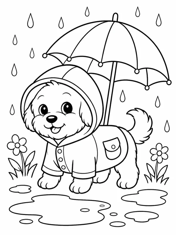 Small dog wearing a raincoat beside puddles and an umbrella coloring page printable line art