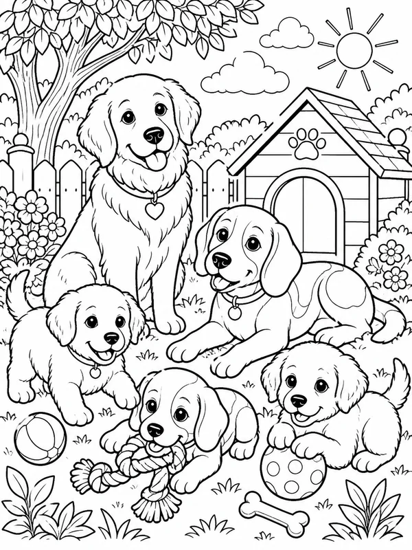 More detailed dogs and puppies scene coloring page printable line art