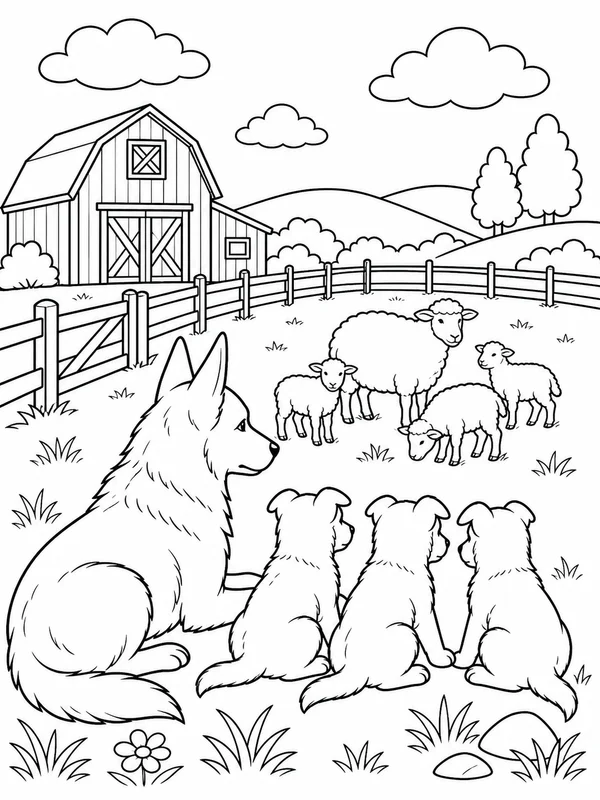 Shepherd dog watching sheep near a barn and rolling hills coloring page printable line art