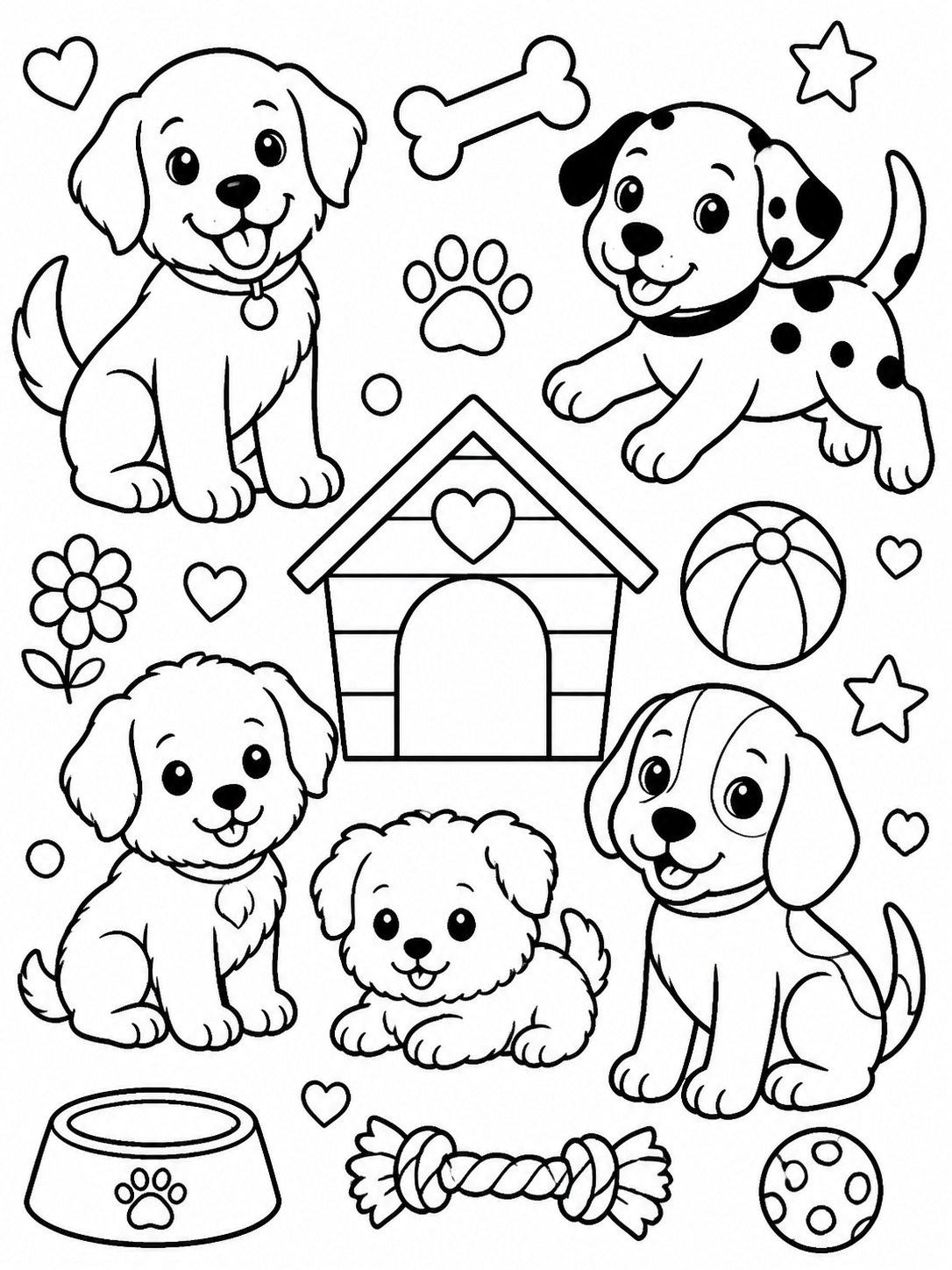 Cute dogs and puppies coloring page printable line art