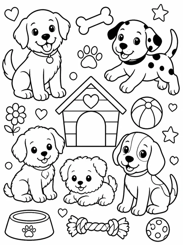 Cute dogs and puppies coloring page printable line art