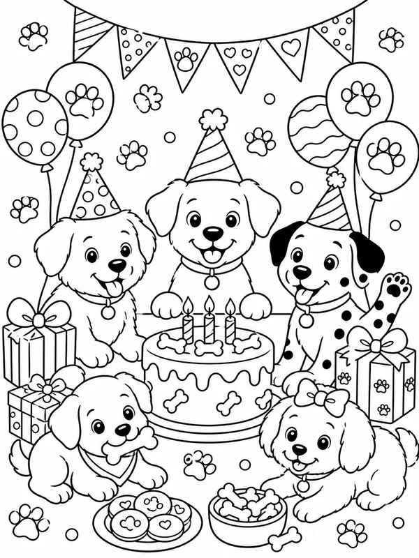 Puppy birthday party coloring page printable line art