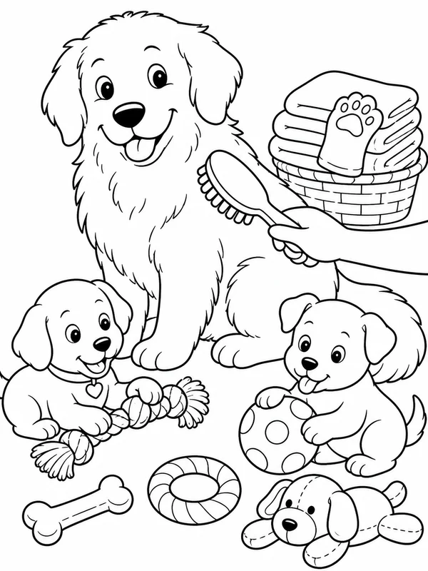 Fluffy dog being gently brushed beside pet toys and towels coloring page printable line art