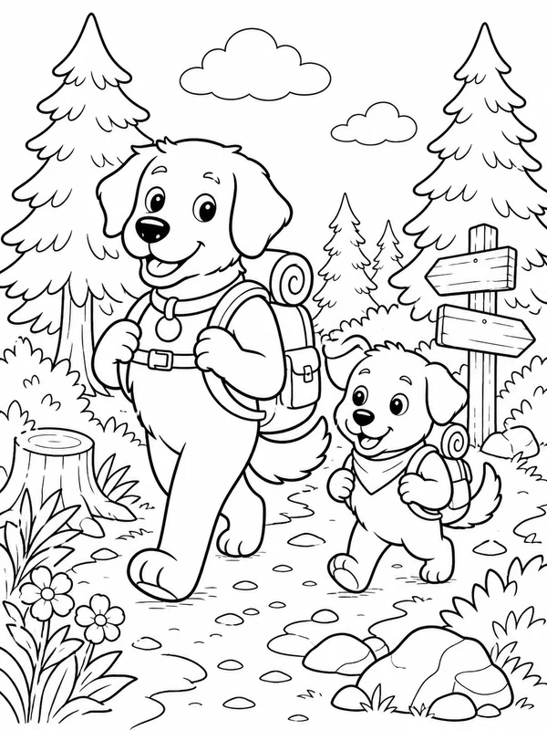 Two dogs hiking on a woodland trail coloring page printable line art