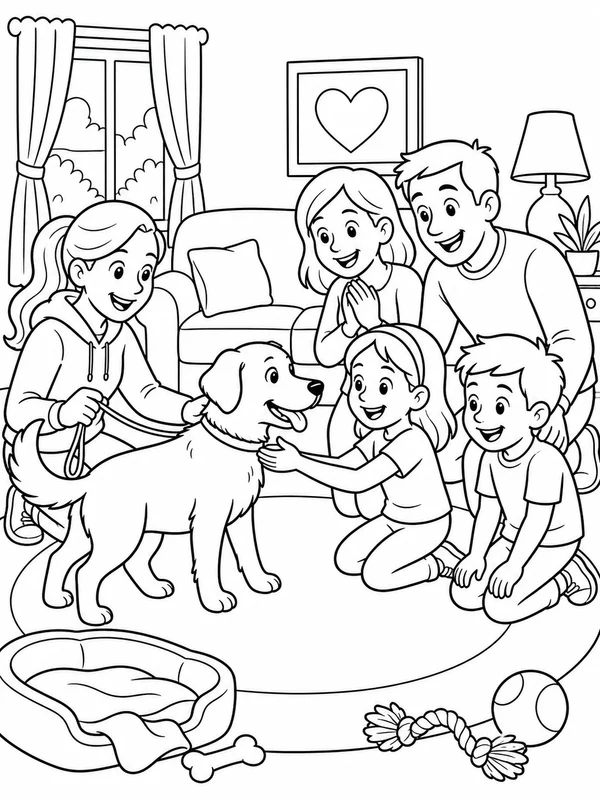 Rescue dog meeting a new family in a welcoming living room coloring page printable line art