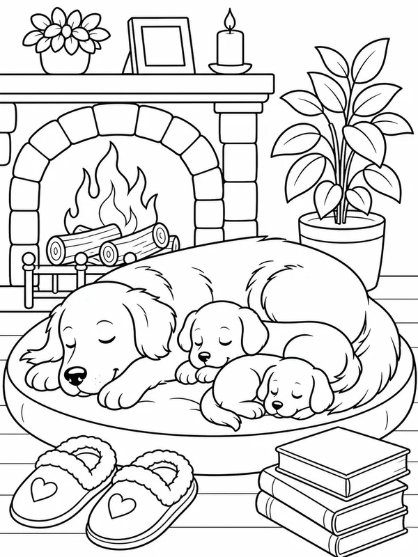 Dog sleeping beside a fireplace, slippers, and stacked books coloring page printable line art