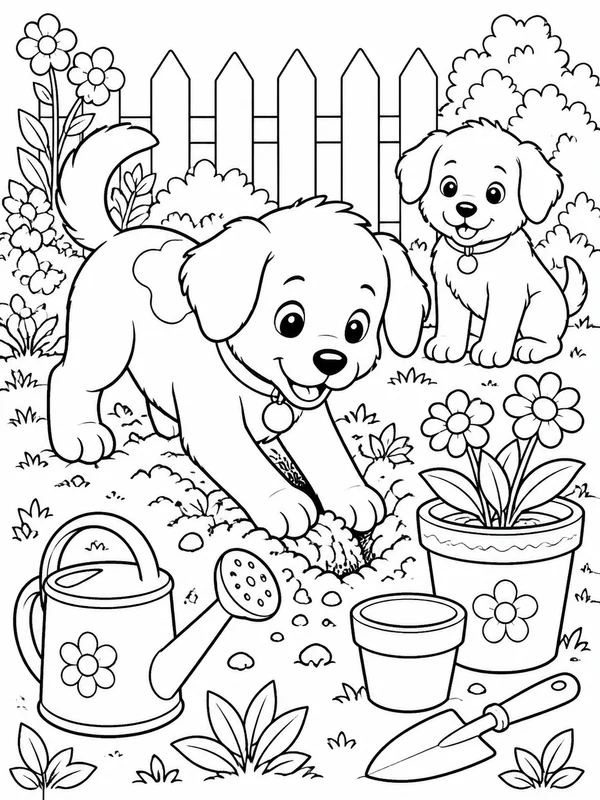 Puppy digging in a garden beside a watering can and flower coloring page printable line art