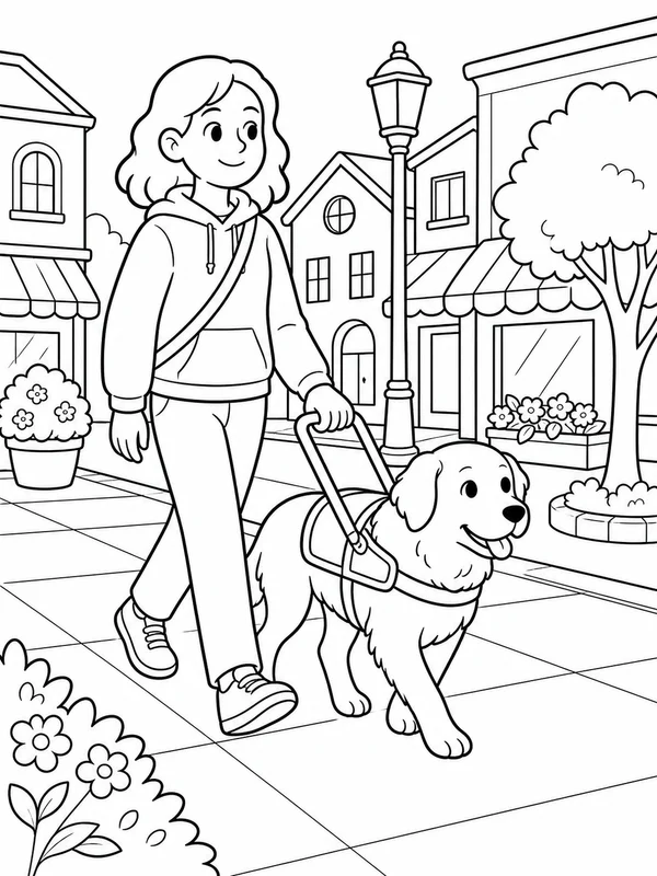 Service dog walking calmly beside its handler through a simple coloring page printable line art