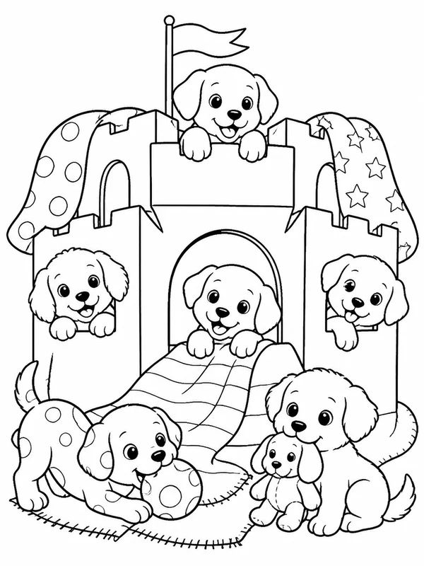 Group of puppies playing in a cardboard castle with blankets coloring page printable line art