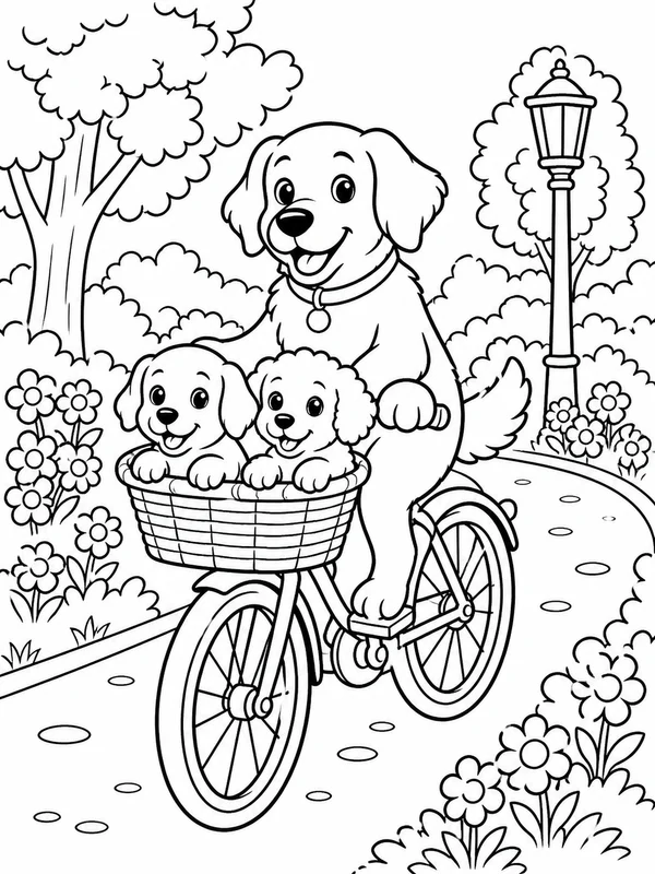 Dog riding safely in a bicycle basket through a flower-lined coloring page printable line art
