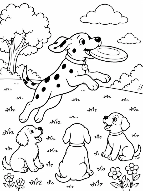 Spotted dog catching a flying disc on an open grassy field coloring page printable line art