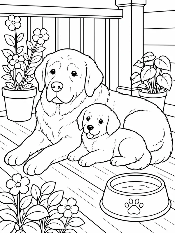 Senior dog resting on a porch beside plants and a water bowl coloring page printable line art