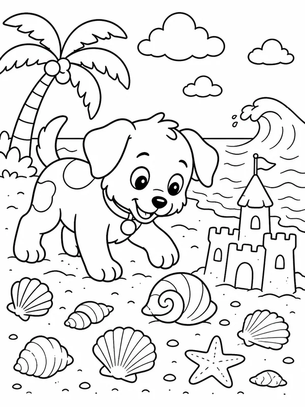 Puppy exploring a beach with shells, waves, and a sandcastle coloring page printable line art