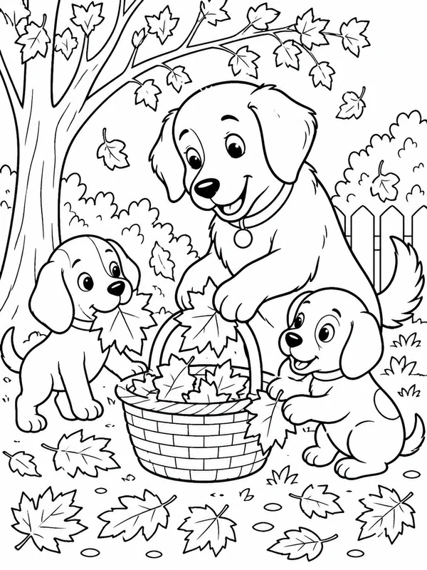 Dog helping collect autumn leaves into a garden basket coloring page printable line art