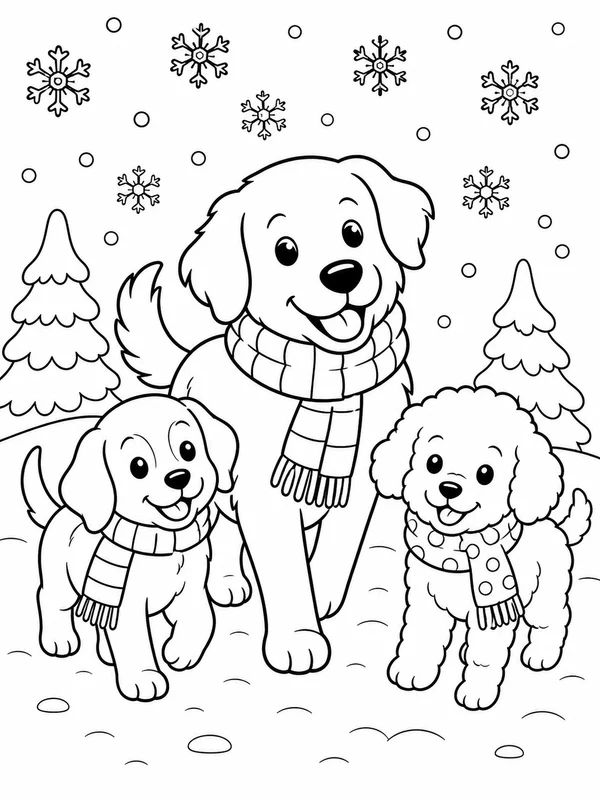 Three dogs in winter scarves walking beneath gentle snowflakes coloring page printable line art