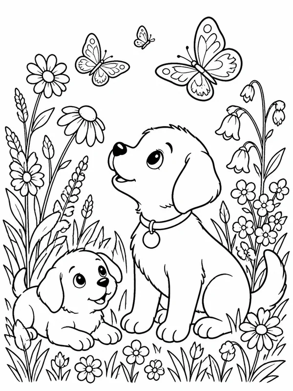 Dog Coloring Pages: curious puppy watching butterflies near tall meadow flowers
