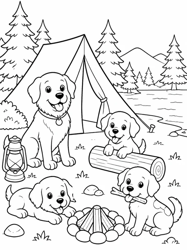 Dog Coloring Pages: dog camping beside a tent, lantern, pine trees, and calm lake