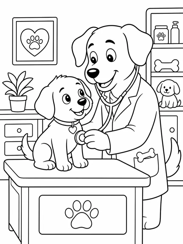 Dog Coloring Pages: puppy visiting a friendly veterinarian in a clean exam room