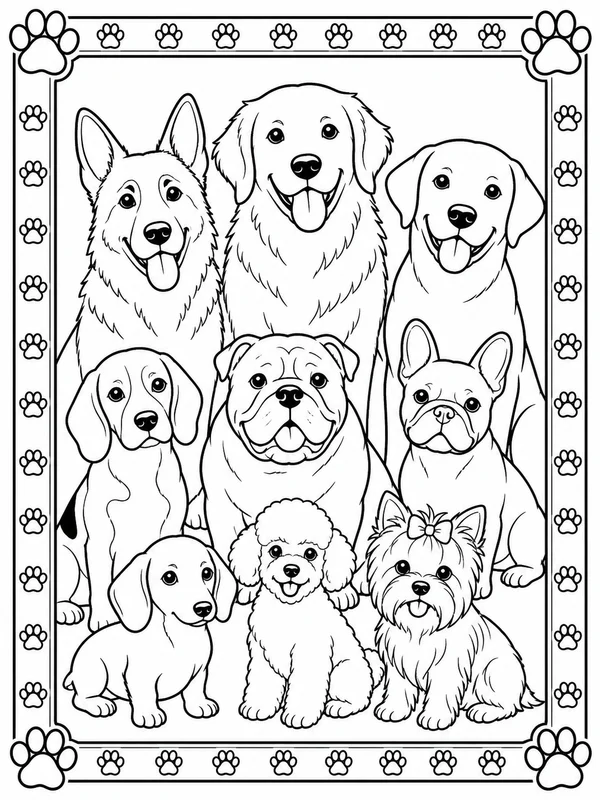 Dog Coloring Pages: different dog breeds posing in a balanced portrait with a paw-print border