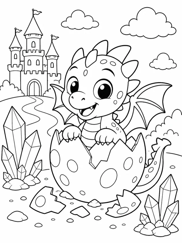 Friendly baby dragon hatching beside crystals and a tiny coloring page printable line art