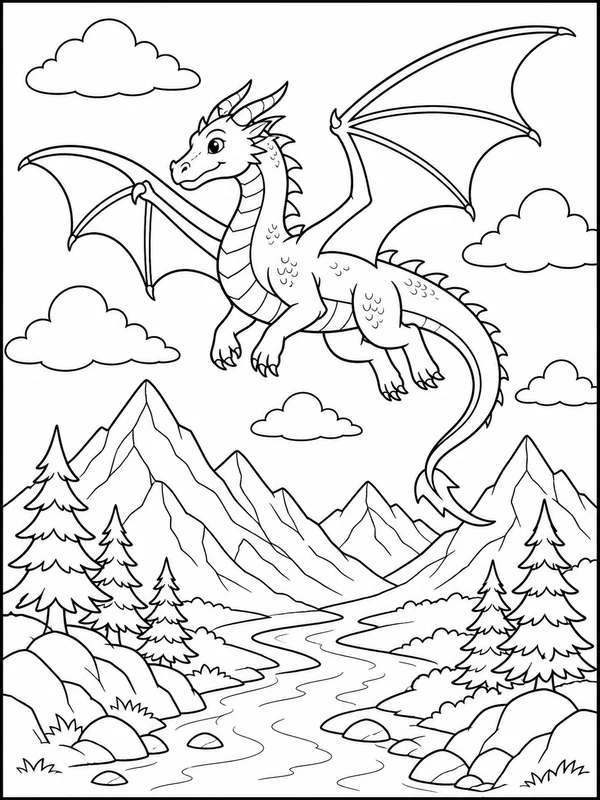 Winged dragon flying above mountains coloring page printable line art